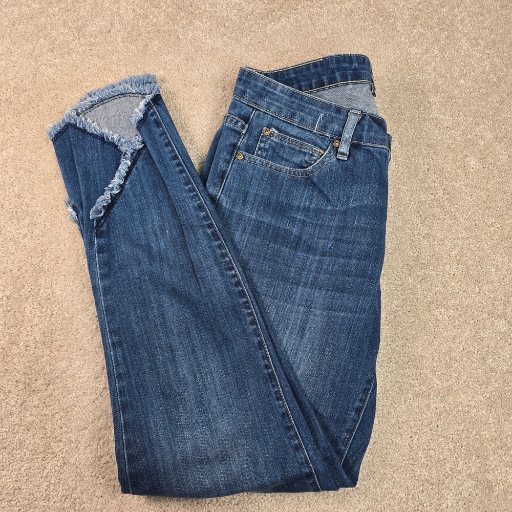Reba Denim Women Blue Skinny Jeans Size 4 Tulip Raw Fringe Hem Dark Wash Stretch